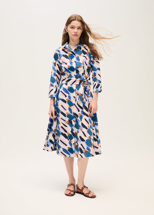 Rosso 35 Tobacco Print Midi Shirt Dress – Cotton, Concealed Button Front, Tie Waist & Pockets S7396V