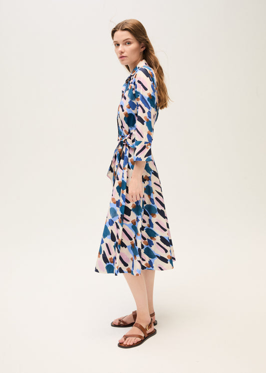 Rosso 35 Tobacco Print Midi Shirt Dress – Cotton, Concealed Button Front, Tie Waist & Pockets S7396V