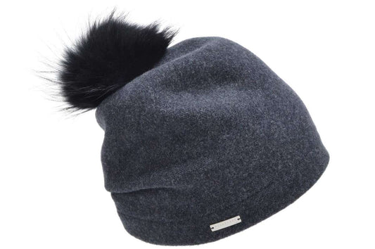 Seeberger Anthracite Boiled Wool Headsock with Real Fur pompom 035205