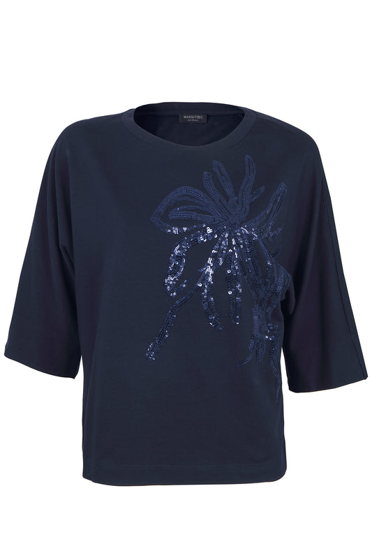 Margittes Marine Sequin Sweatshirt with 3/4 Sleeve