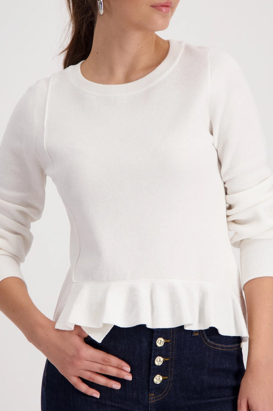 Monari Off-White Knitted Cotton Sweater with Flounces 410208