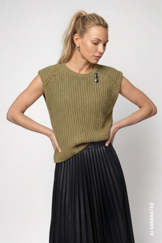 Monari Forest Sleeveless Sweater with a Brooch