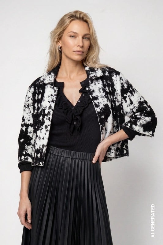 Monari Black and White Knitted Jacket with Jacquard Pattern