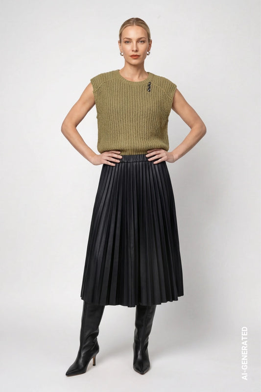 Monari Black Pleated Faux Leather Skirt