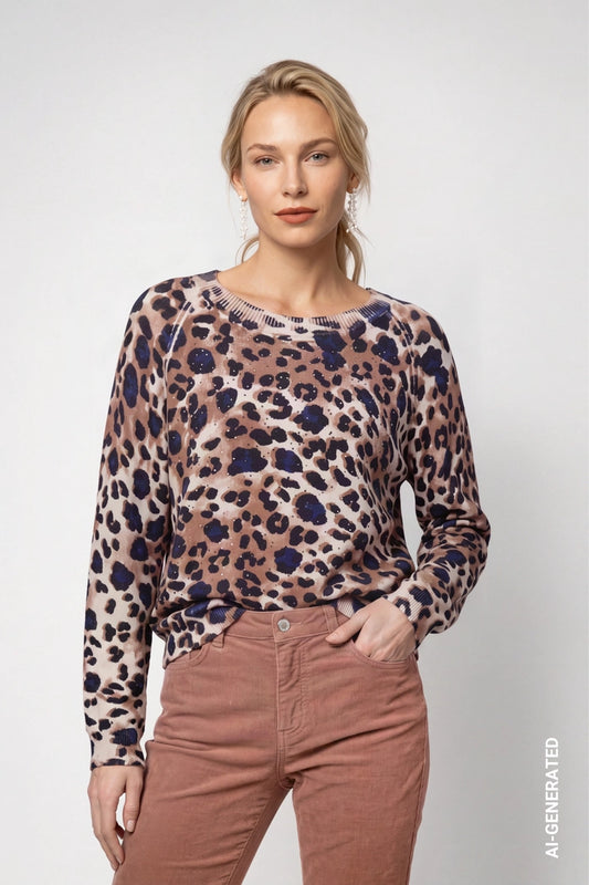 Monari Leopard Print Crew Neck Sweater with Rhinestone Detail