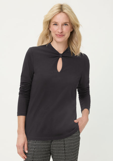 Olsen Black Long Sleeve Knot Front Top in Cotton & Modal 11105256