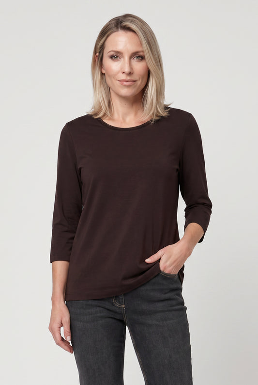 Olsen Coffee Sparkle Trim T-Shirt with Round Neck & 3/4 Sleeves