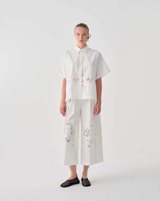 Beatrice b White Crop Wide Leg Trousers with Embroidery 26FE1130RI921