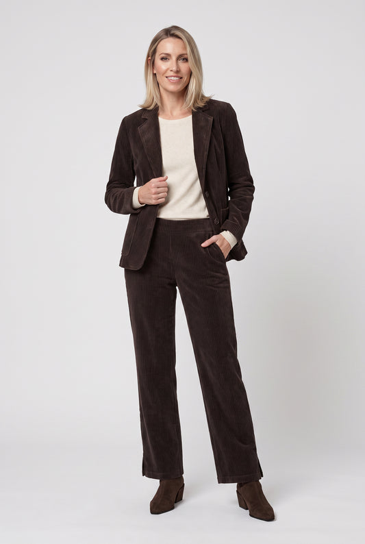 Olsen Coffee Wide Leg Corduroy Trousers with Elasticated Waist & Pockets