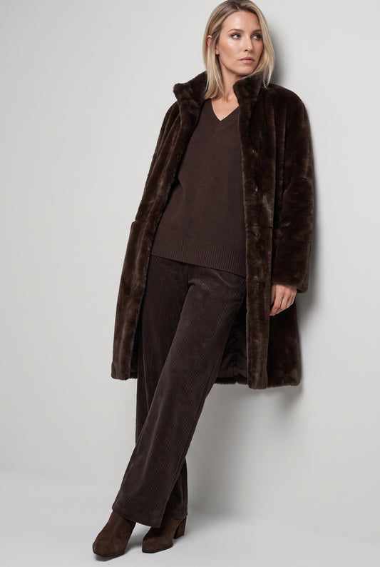 Olsen Coffee Brown Faux Fur Coat with High Collar