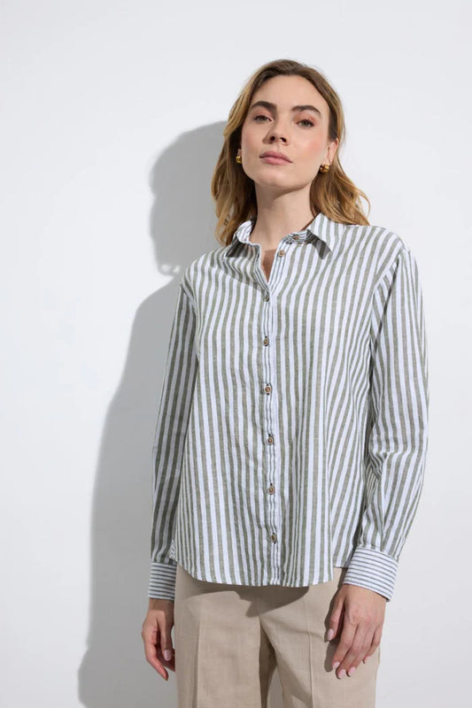 Tinta & Bariloche Khaki Striped Long Sleeve Linen Blend Shirt JARILLA