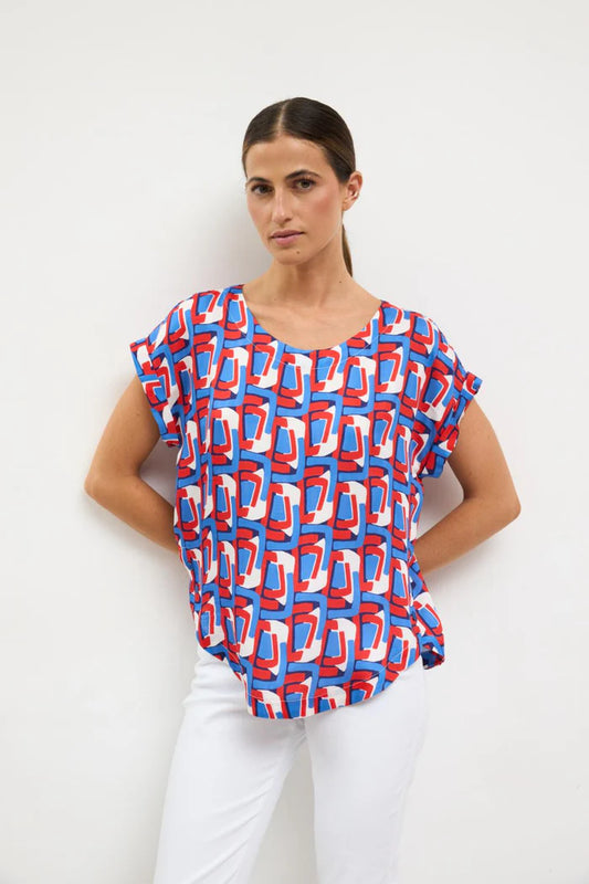 Tinta & Bariloche Red & Blue Geometric Print Blouse with Short Wide Sleeves, Asymmetrical Hem Trevejo