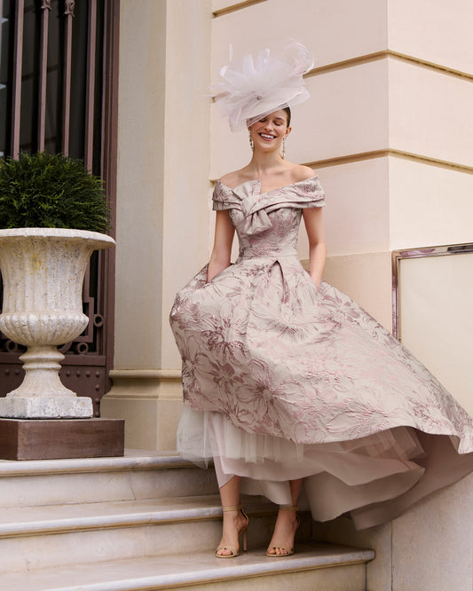 Couture Club Printed Brocade Dress in Chalk Rose