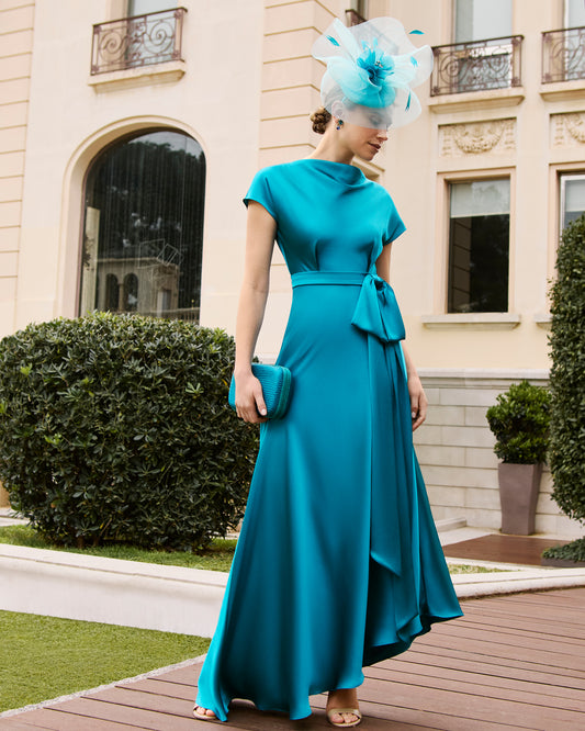 Couture Club Tiffany Blue Satin Belted Asymmetrical Hem Dress 1G262 AW