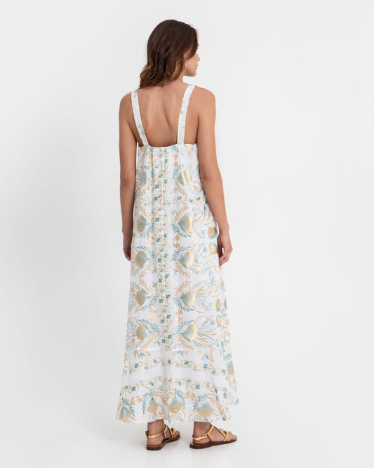 Greek Archaic Kori Gold and Blue Embroidered Cotton Maxi Dress 4053163