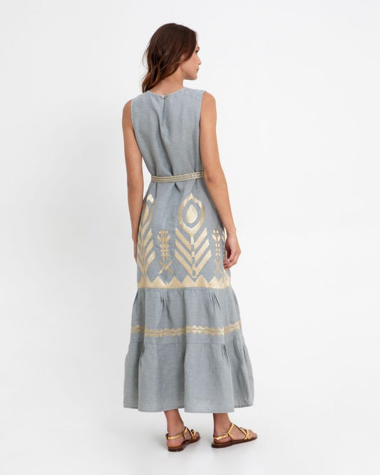 Greek Archaic Kori Sky Blue Linen Embroidered Maxi Dress – Sleeveless Round Neck 2133168