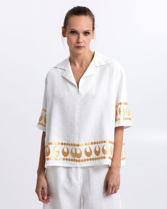 Greek Archaic Kori White Linen Loose Fit Top with Gold Embroidery
