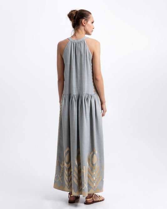 Greek Archaic Kori Stone Sleeveless Maxi Dress with Gold Embroidery, Round Neck 2133153