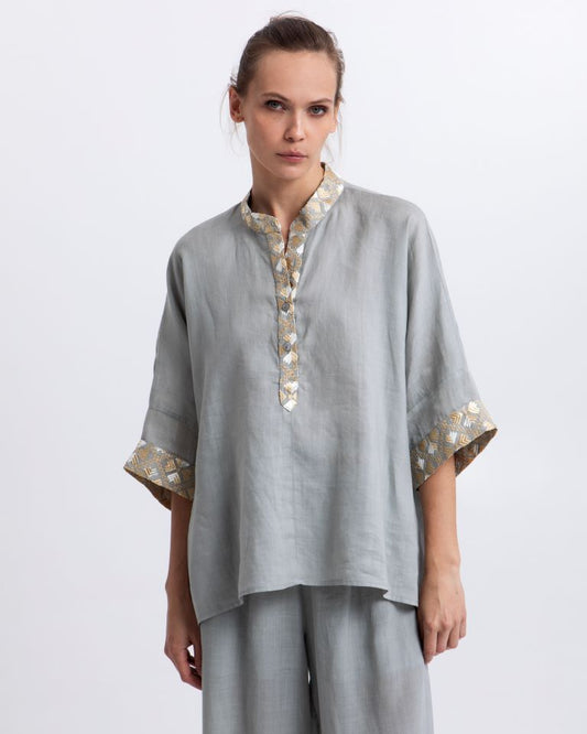 Greek Archaic Kori Stone Nero Collar Short Batwing Sleeve Top 4064126