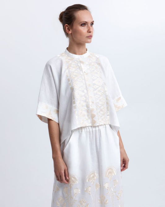 Greek Archaic Kori White Linen Cropped Shirt with Gold Papyrus Embroidery 2075047