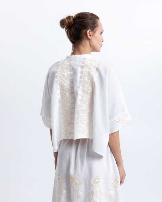 Greek Archaic Kori White Linen Cropped Shirt with Gold Papyrus Embroidery 2075047