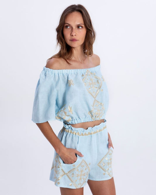 Greek Archaic Kori Sky Blue Cropped Bardot Top 2144037