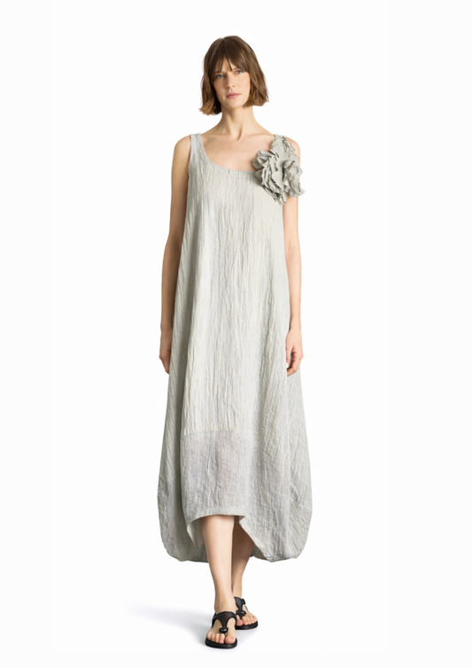Isik Ozgur Grey Sleeveless Linen Blend Dress – Relaxed Fit, High-Low Hem 2718-01