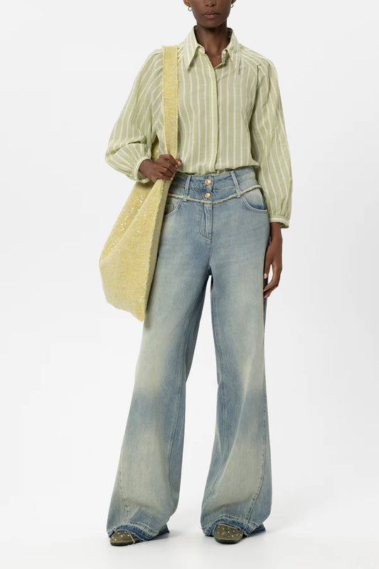 Luisa Cerano Moss Green Voile Stripe Shirt Blouse 238689