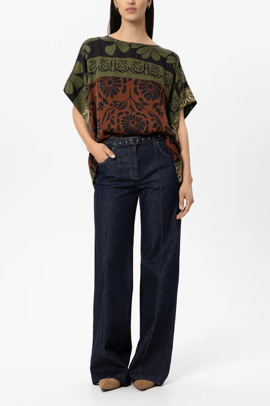 Luisa Cerano Moss Cape Blouse with Leaf Print