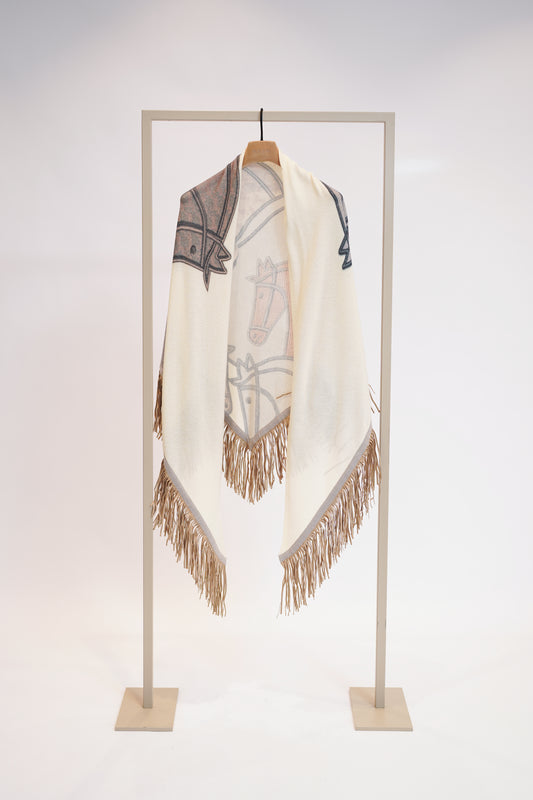 Herzens Horse Print Cashmere Blend Knitted Wrap – Tassel Detail