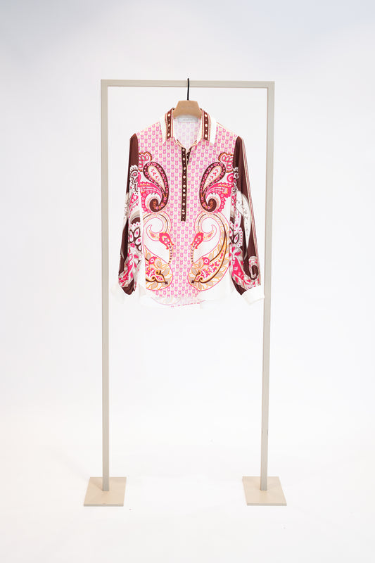 Herzens Multi Colour Print Silk Blouse – Shirt Collar, Button Front & Cuffed Sleeves