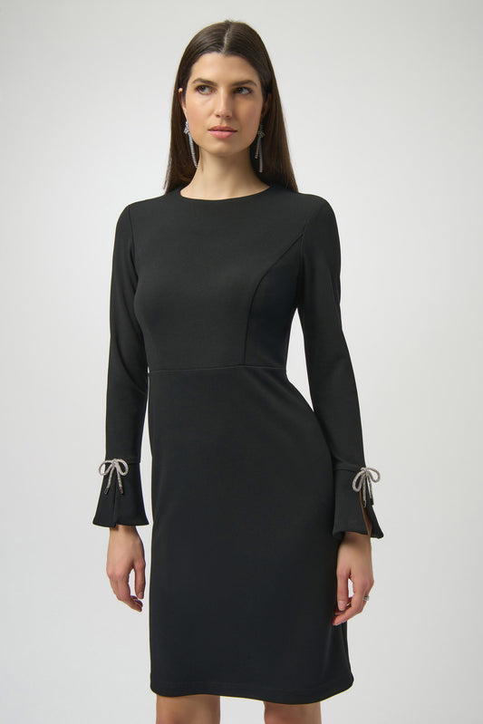 Joseph Ribkoff black scuba crepe shift dress with rhinestone bows 254048