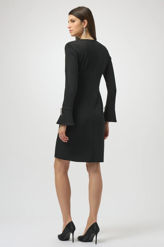 Joseph Ribkoff black scuba crepe shift dress with rhinestone bows 254048
