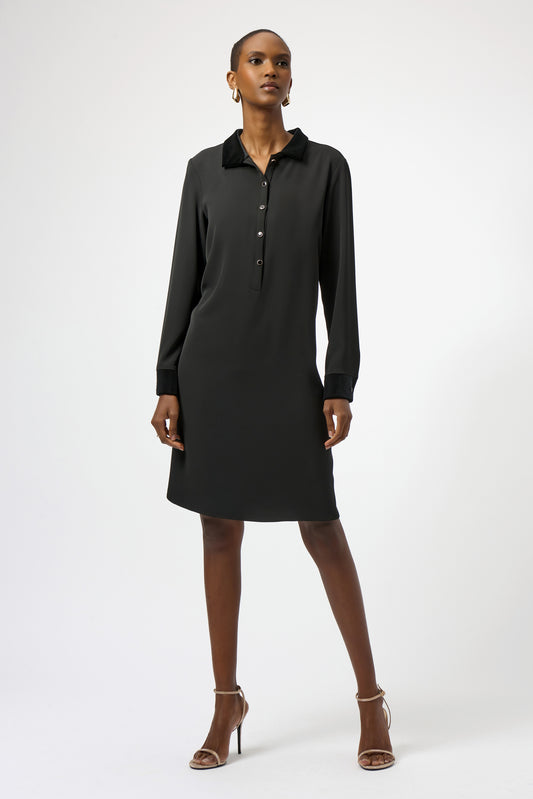 Joseph Ribkoff black woven twill and velvet shirt dress 254156