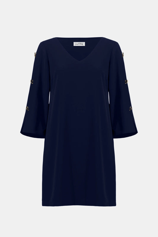 Joseph Ribkoff Midnight Blue Woven Twill Trapeze Dress With Gold Trimmed Slit Sleeves 261085