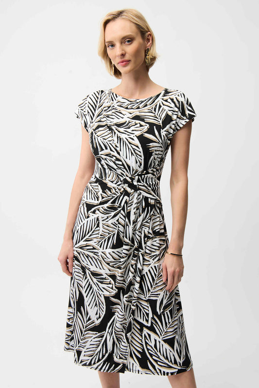 Joseph Ribkoff Silky Knit Tropical Print Fit and Flare Dress With Boat Neckline 261211