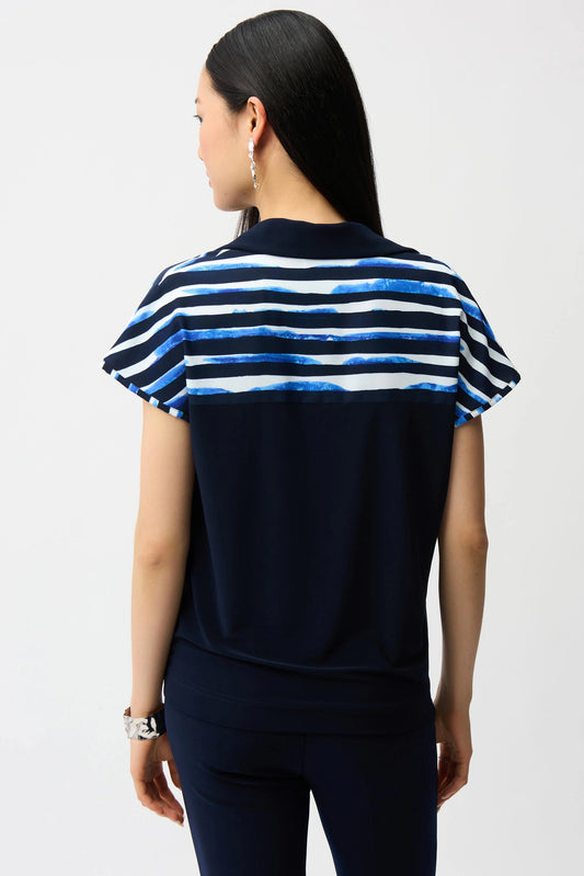 Joseph Ribkoff Blue and Vanilla Woven Stripe Print Cocoon Top With Silky Knit Back 261197