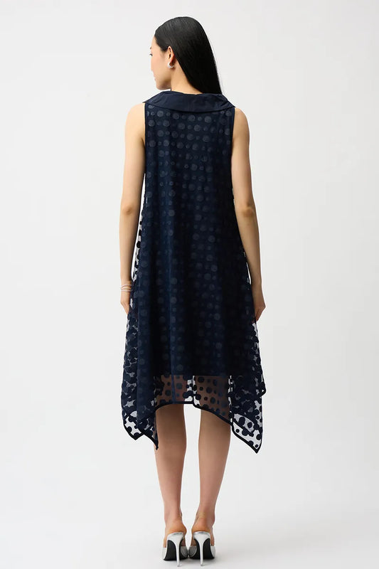 Joseph Ribkoff Midnight Blue Dot Embroidered Mesh Handkerchief Dress With Cowl Collar 261299