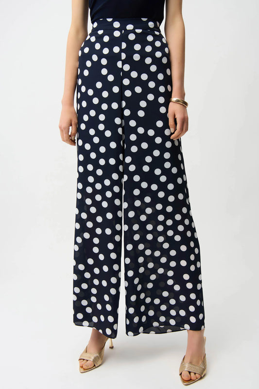 Joseph Ribkoff Blue/Cream Georgette Dot Print Wide Leg Trousers