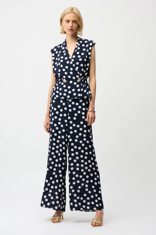 Joseph Ribkoff Blue/Cream Georgette Dot Print Wide Leg Trousers
