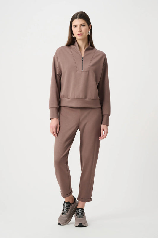 Joseph Ribkoff Mink Scuba Jersey Boxy Sweatshirt With High Collar and Front Zipper 261610