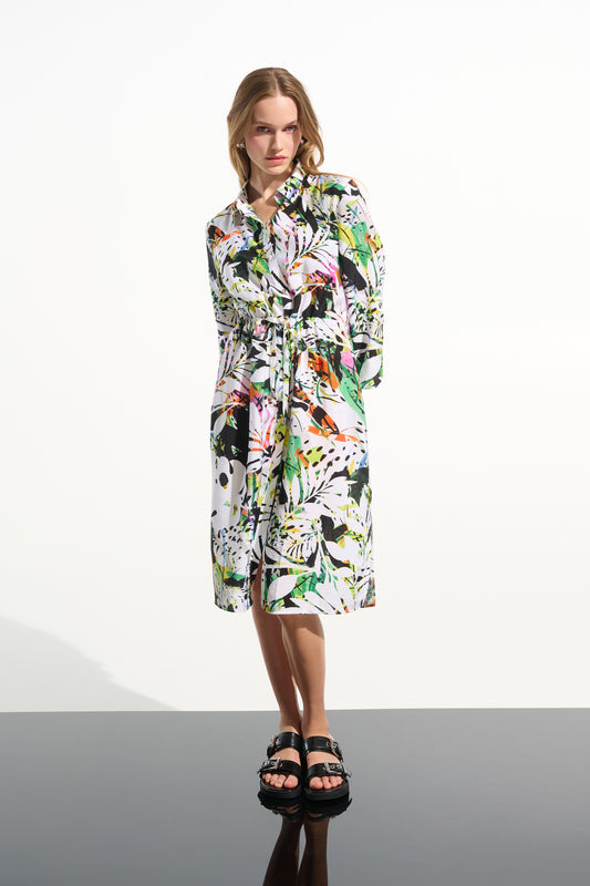 Joseph Ribkoff Vanilla Crinkled Woven Tropical Print Shirt Dress 261623