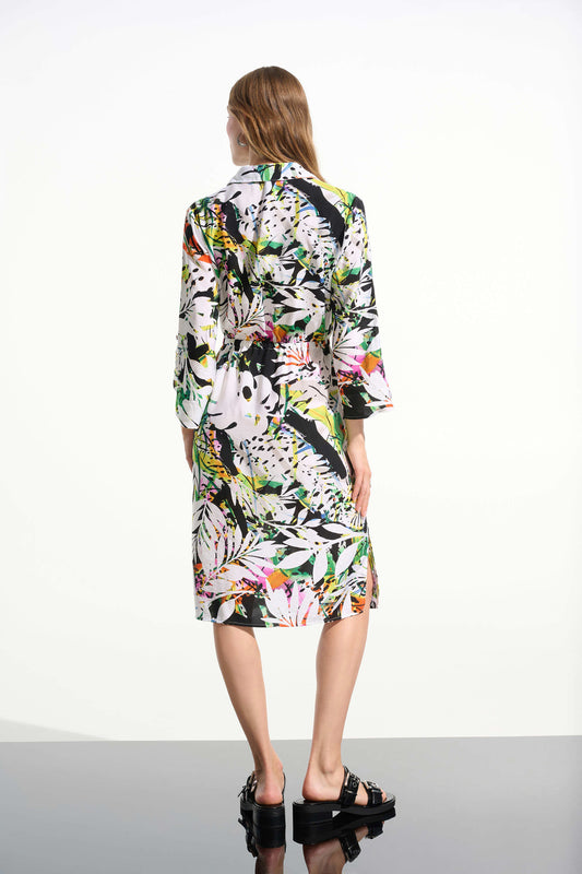 Joseph Ribkoff Vanilla Crinkled Woven Tropical Print Shirt Dress 261623