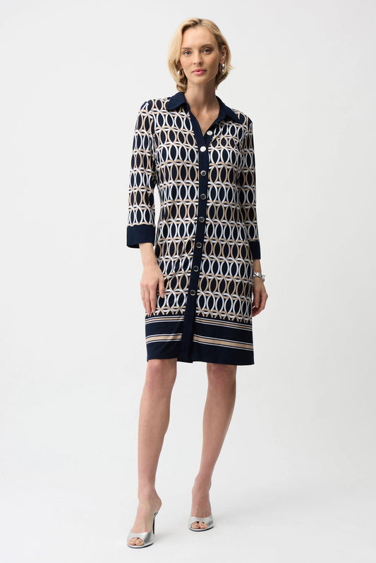 Joseph Ribkoff Midnight Blue Silky Knit Geometric Print A-Line Shirt Dress 261903