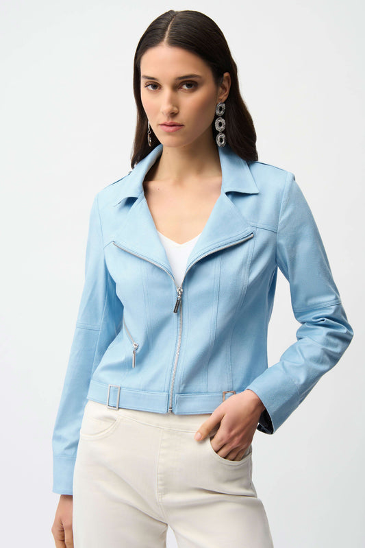 Joseph Ribkoff Sky Blue Foiled Faux Suede Fitted Jacket with Decorative Buckles 261910