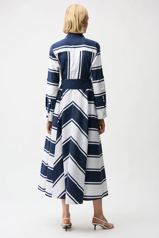 Joseph Ribkoff Navy and White Cotton Stripe Fit and Flare Shirt Dress with Reversible Sash 261936