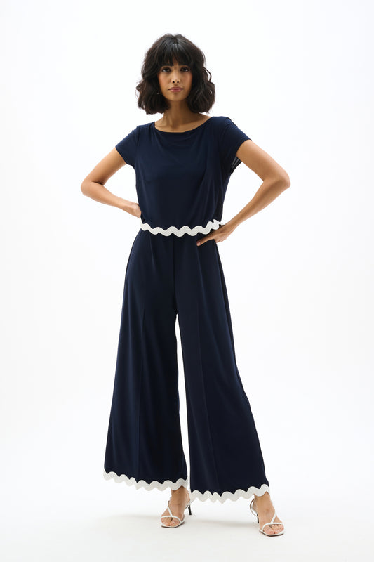 Joseph Ribkoff Midnight Blue Silky Knit Culotte Jumpsuit With Contrast Trim