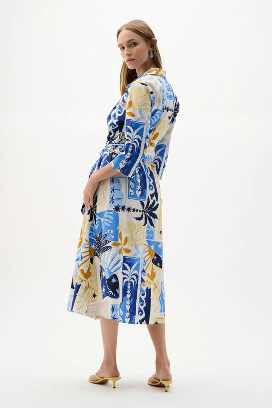 Joseph Ribkoff Vanilla/Multi Stretch Cotton Tropical Print A-Line Wrap Dress
