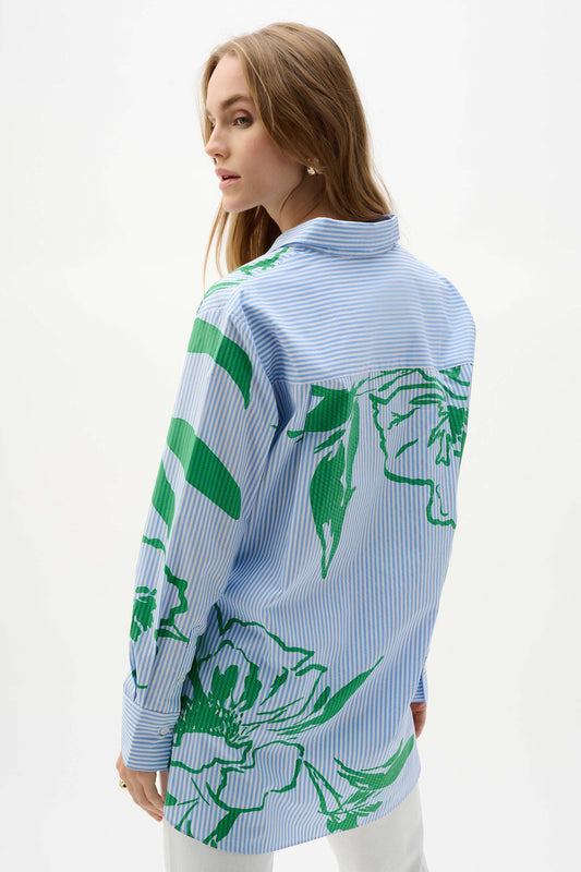 Joseph Ribkoff Blue Vanilla Cotton Stripe Floral Print Boxy Blouse 262951