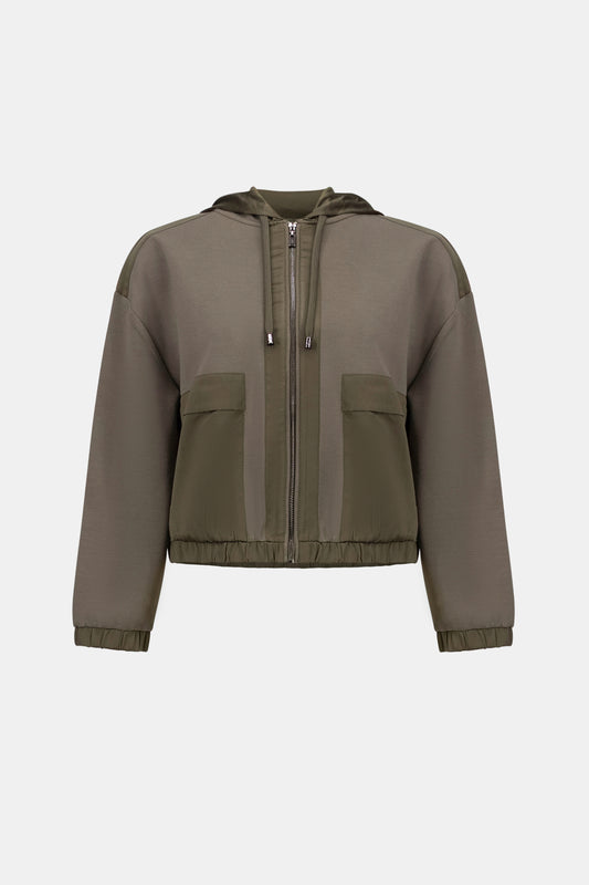 Joseph Ribkoff Avocado Scuba Jersey And Satin Hooded Boxy Jacket